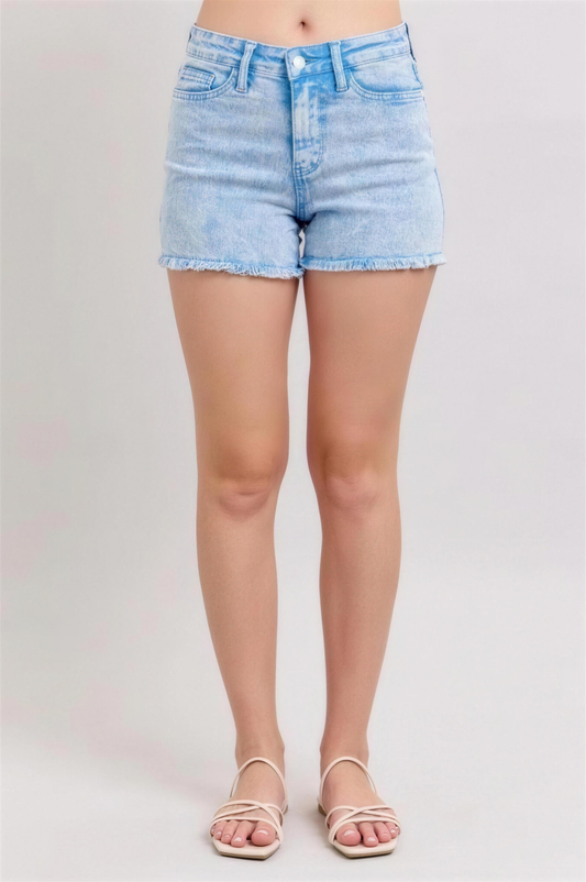 Judy Blue Mid Rise Garment Dyed Denim Shorts in Cyan