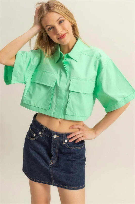 Hyfve Poplin Collared Crop Shirt in Neon Green