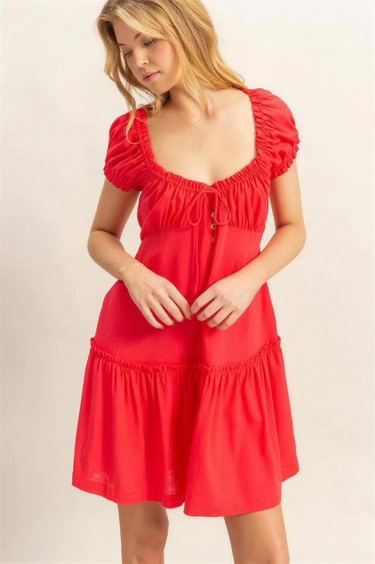 Hyfve Ruched Tiered Mini Dress in Red