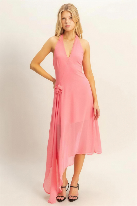 Hyfve Chiffon Halter Asymmetrical Hem Dress in Rose