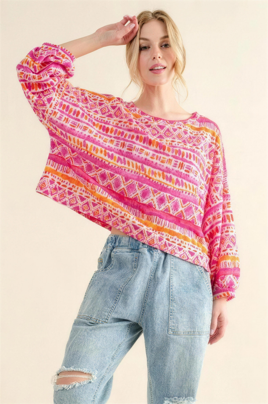 And The Why Cozy Textured Printed Top in Coral