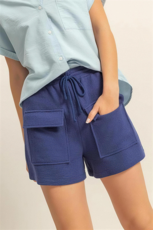Hyfve Waffle Knit Drawstring Shorts in Dark Blue
