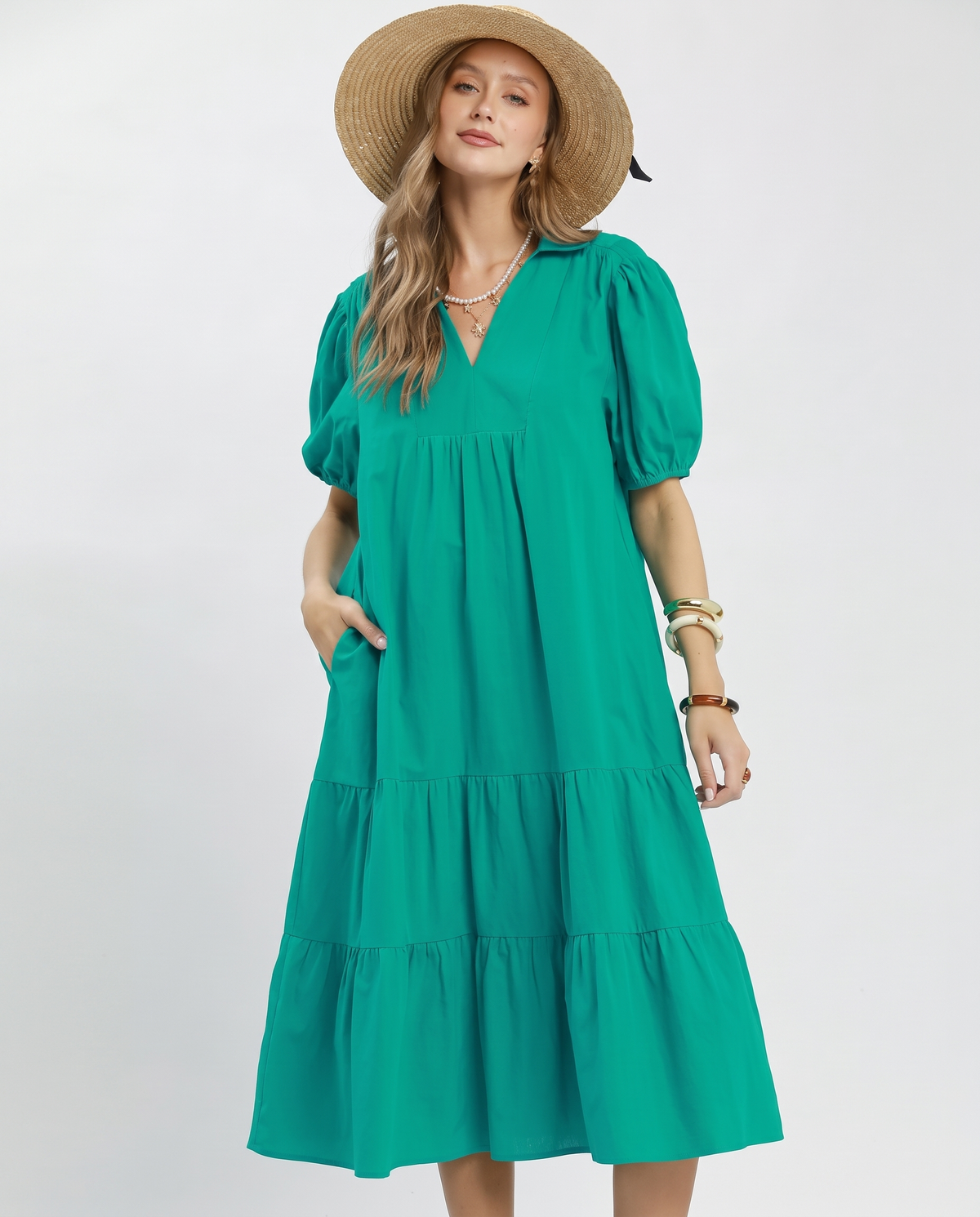 Umgee Solid Tiered Midi Dress in Jade
