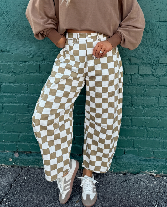 Checkered Denim Barrel Pants in Khaki