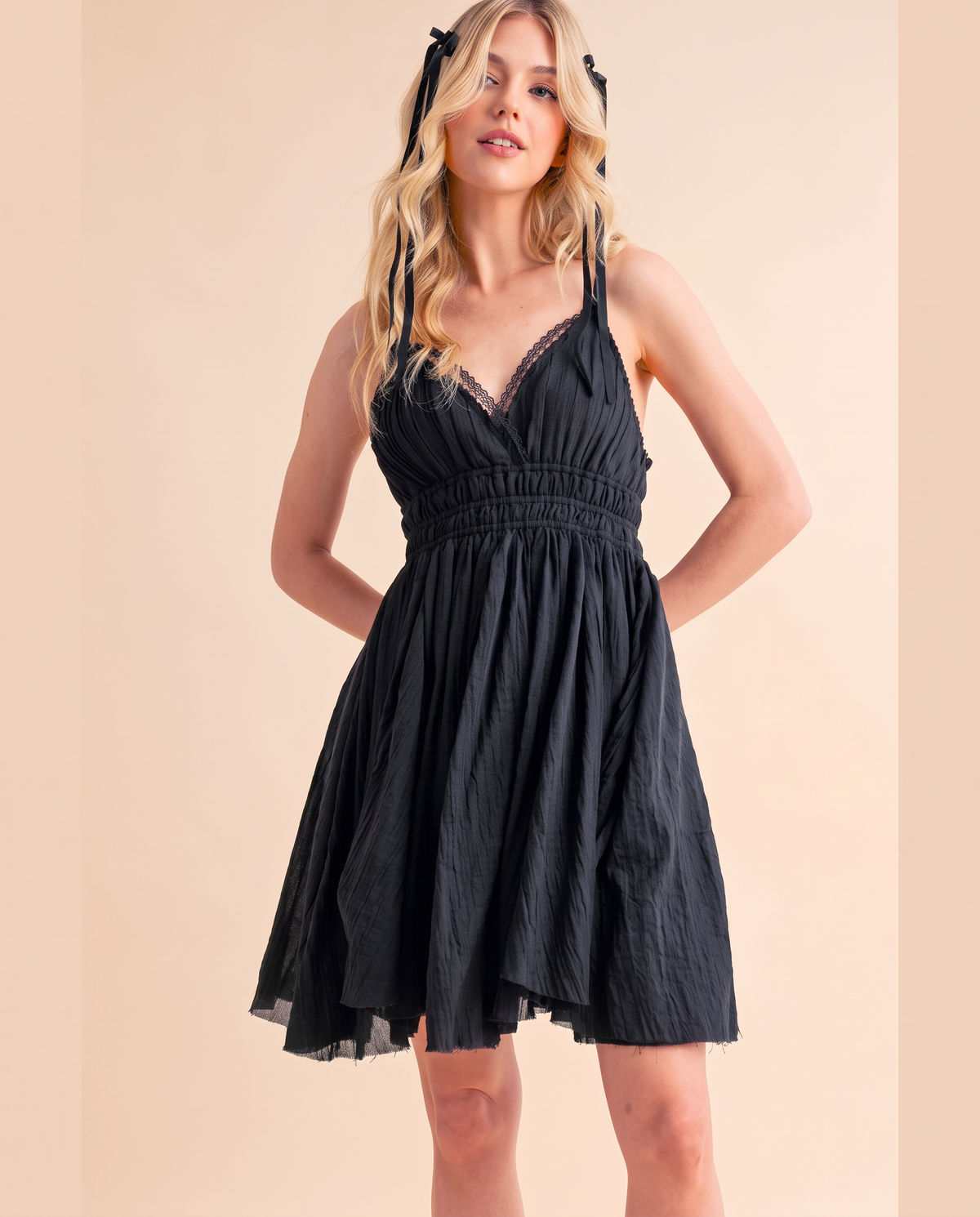 Lace Detail Mini Cami Dress in Black