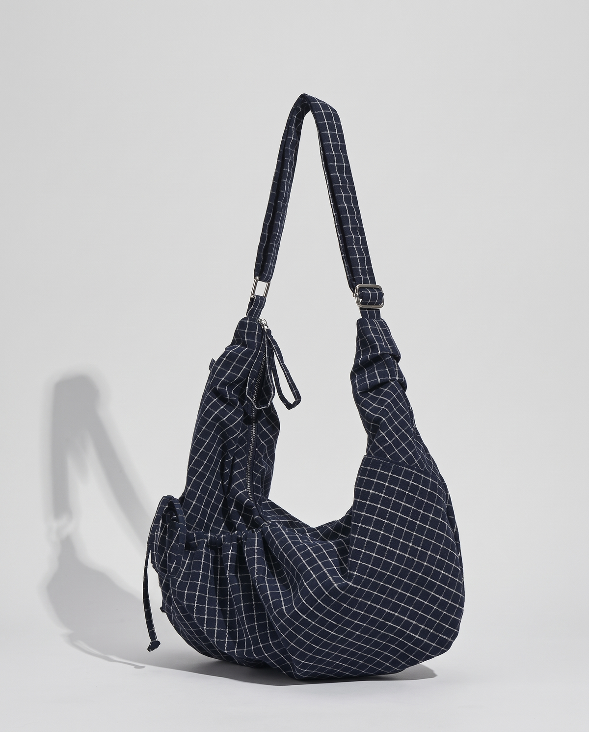 Ilussa Plaid Ruched Shoulder Bag — Navy
