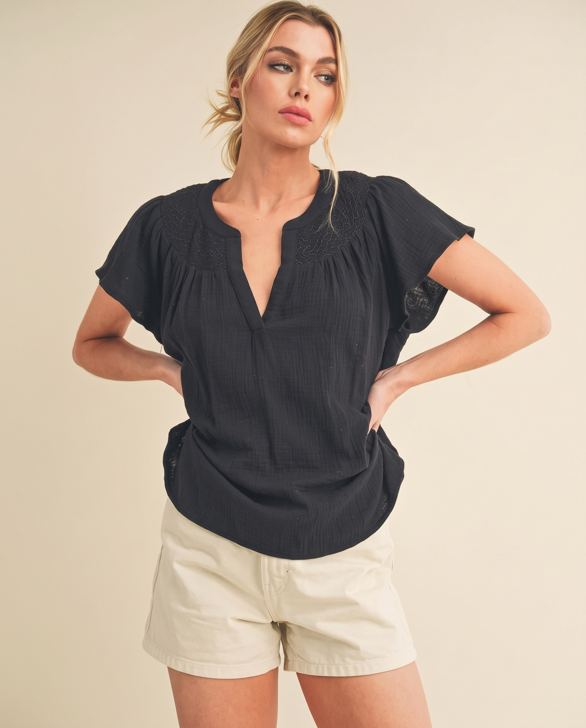 Embroidered Notched Blouse in Black