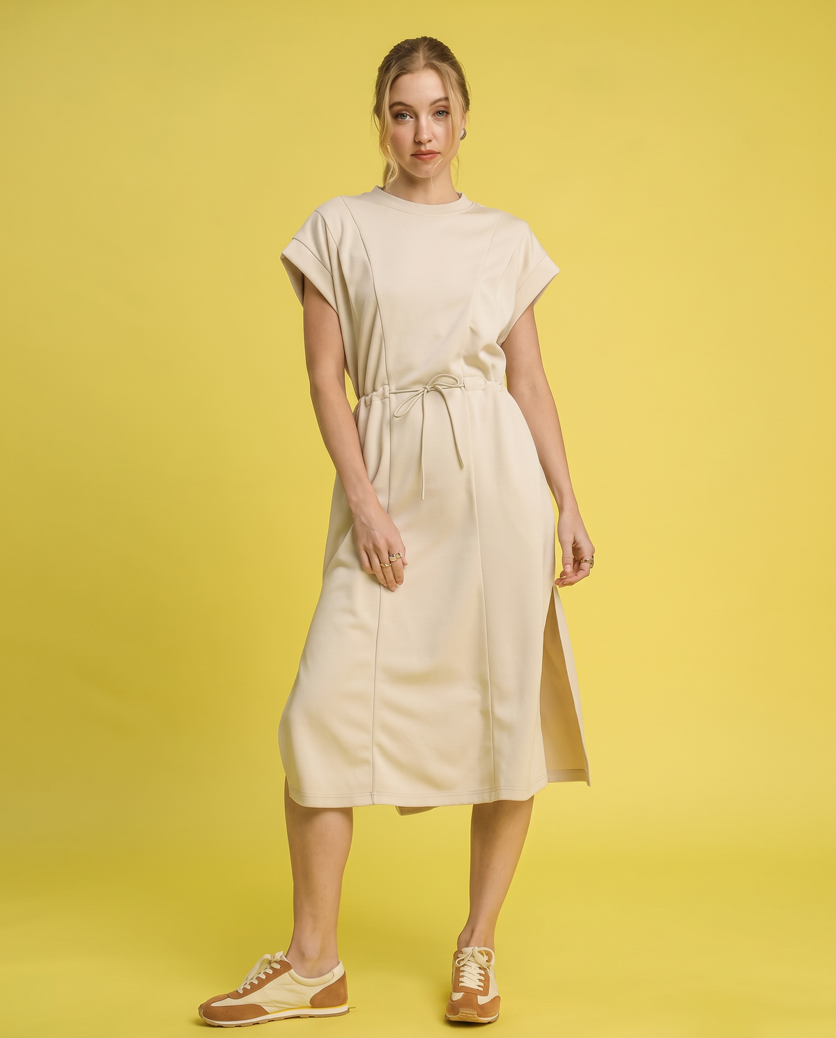 Umgee Tie-Waist Midi Tee Dress in Ecru