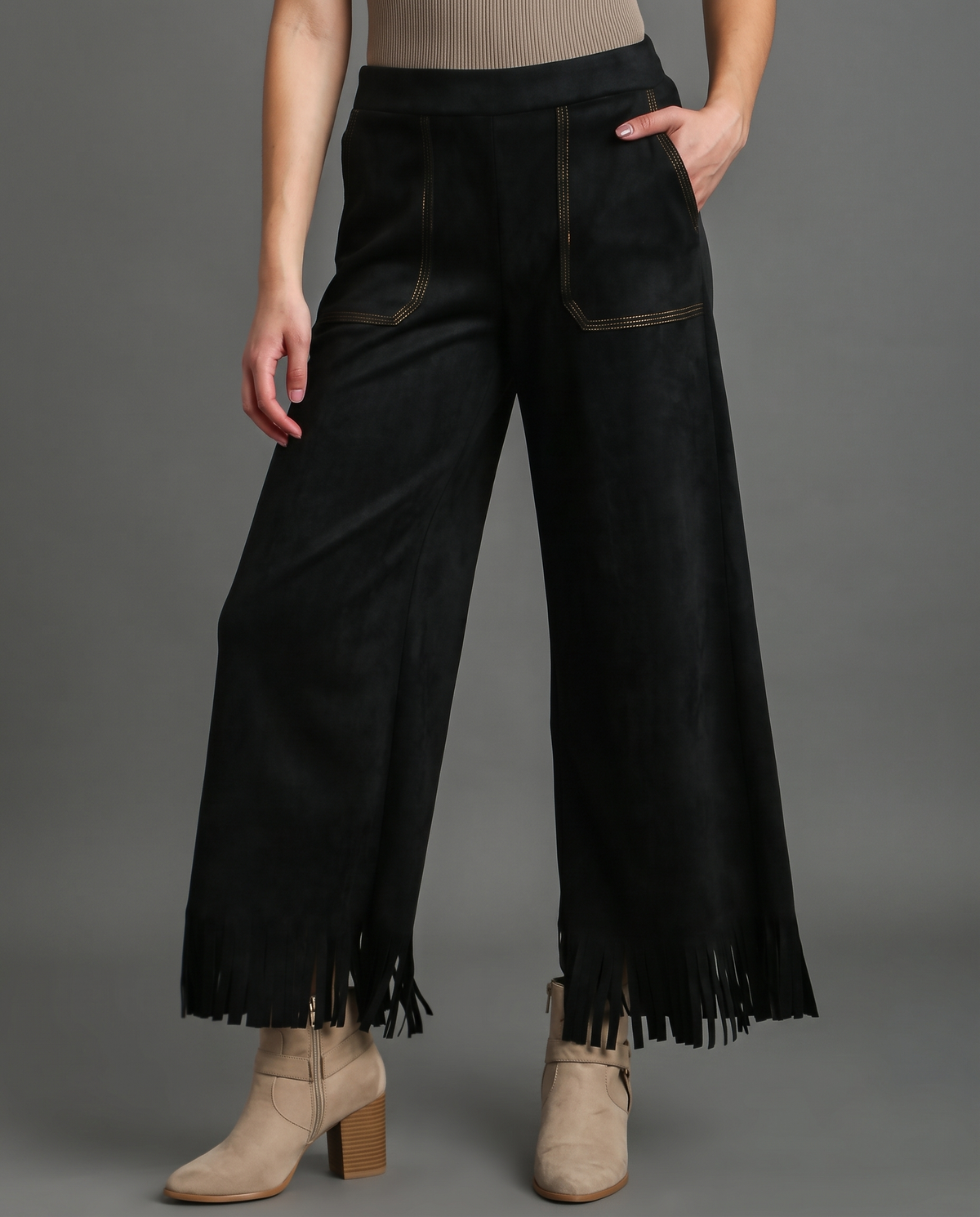 Umgee Suede Fringe Wide Leg Pants in Black