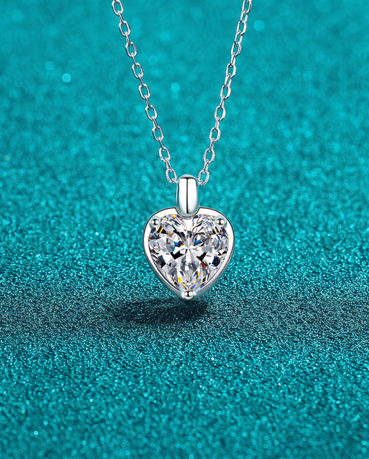 Silver 2 carat moissanite heart-shape pendant necklace on a chain