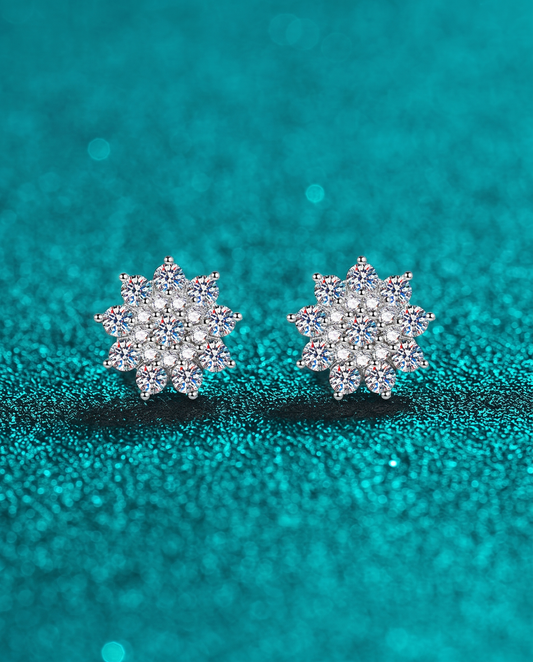 Pair of silver flower-shaped stud earrings, front view side by side.