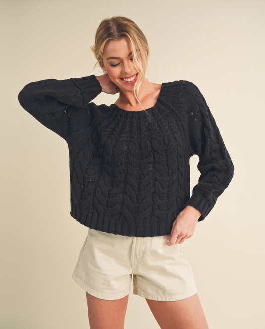 Cable-Knit Openwork Sweater in Black
