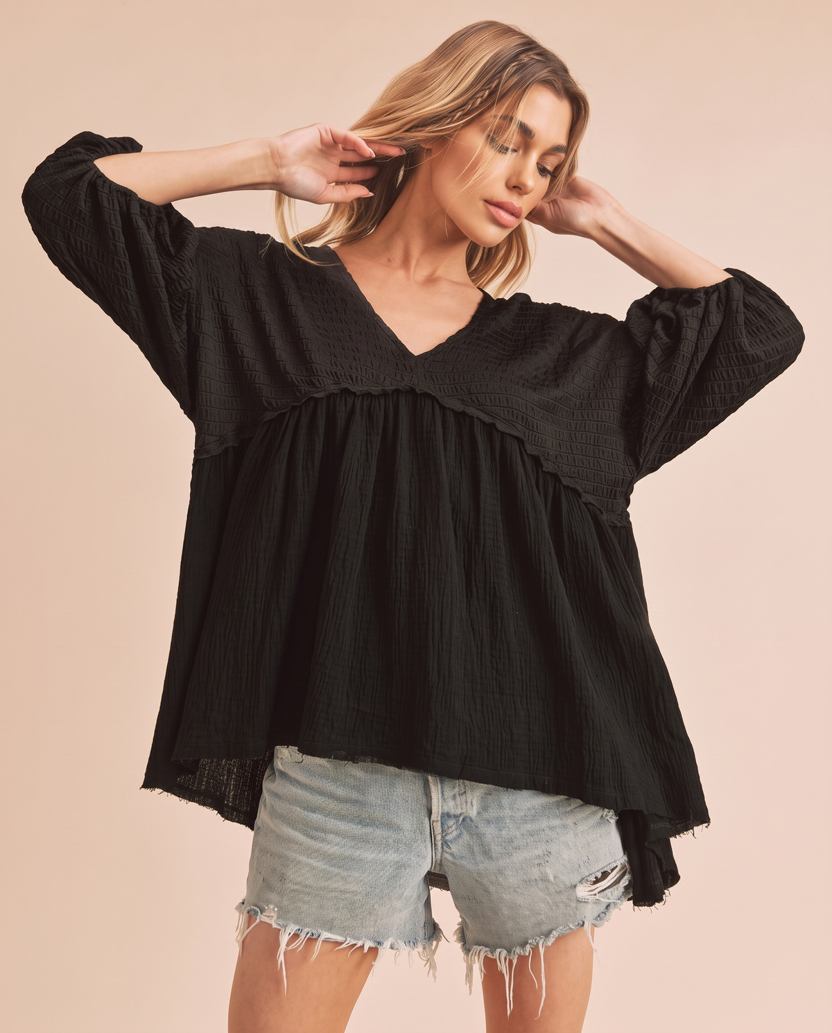 High-Low Frayed Hem Blouse in Black