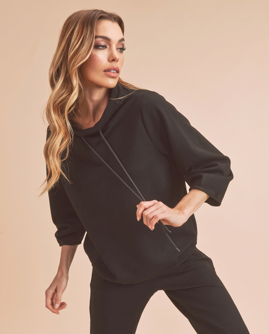 Drawstring Mock Neck Sweatshirt in Black