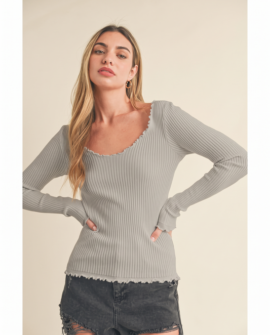 Lettuce Hem Scoop Neck Knit Top in Gray