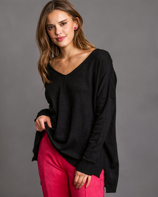 Umgee V-Neck High-Low Knit Top in Black