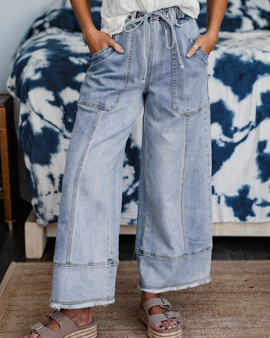 Wide Leg Drawstring Raw Hem Jeans