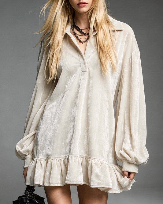 Velvet Ruffled-Hem Long Sleeve Dress