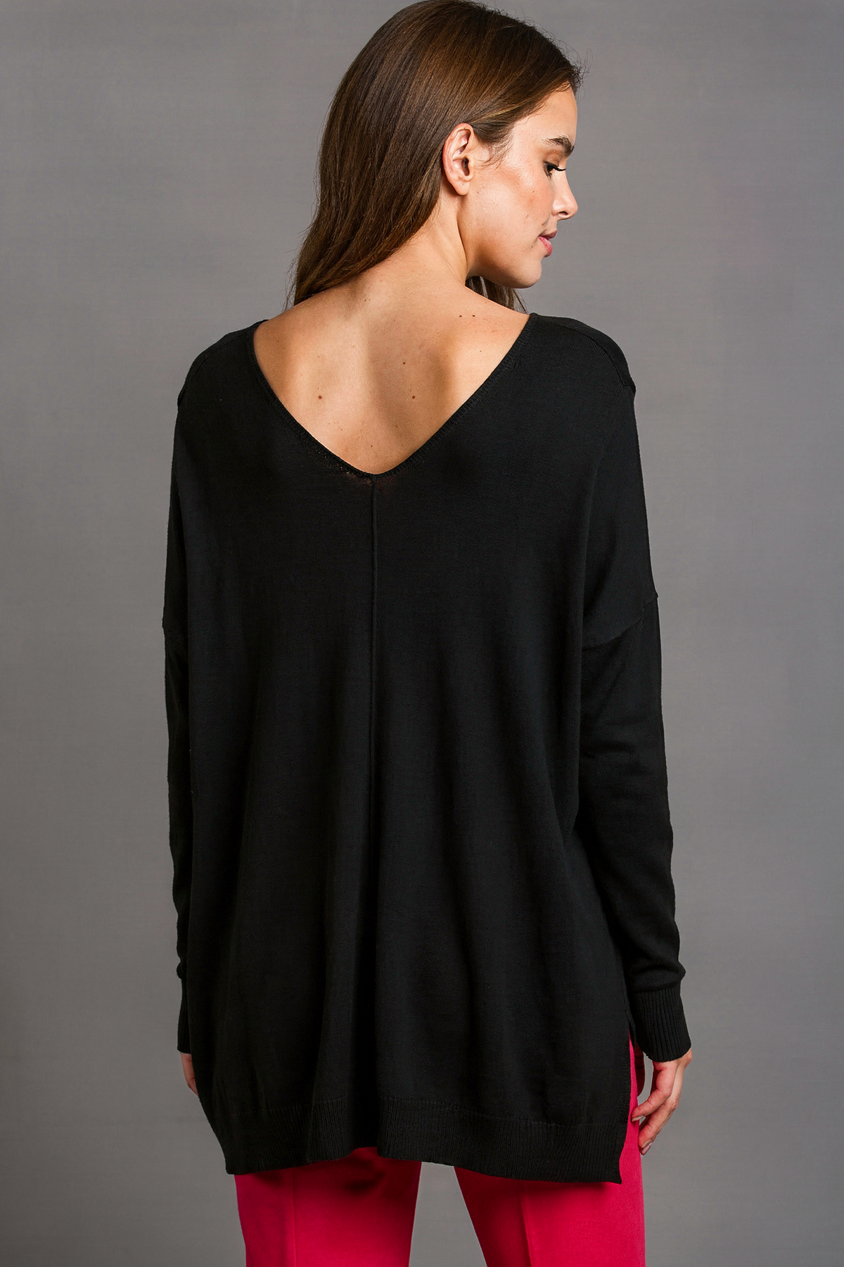 Umgee V-Neck High-Low Knit Top in Black — back view