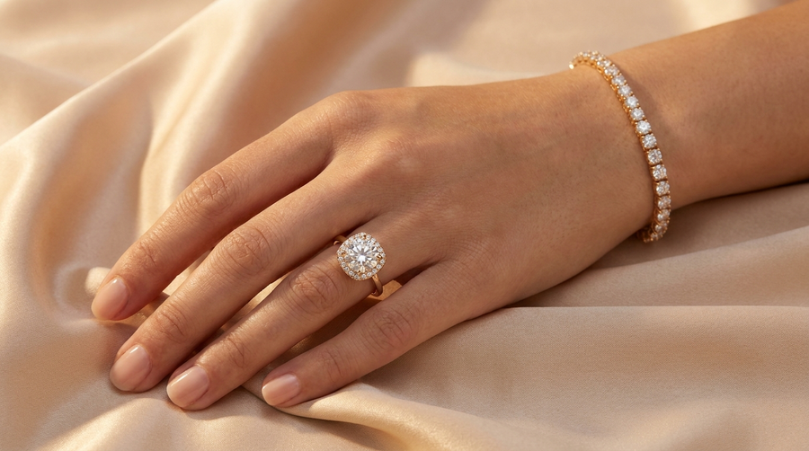 ilussa Golden Savings Event — moissanite halo ring and tennis bracelet