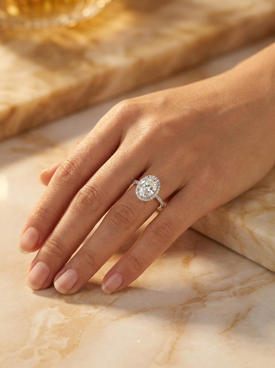 ilussa 4.5ct moissanite halo ring lifestyle — hand on marble