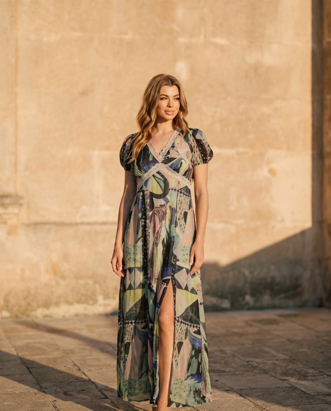 Lace-trimmed print maxi in green