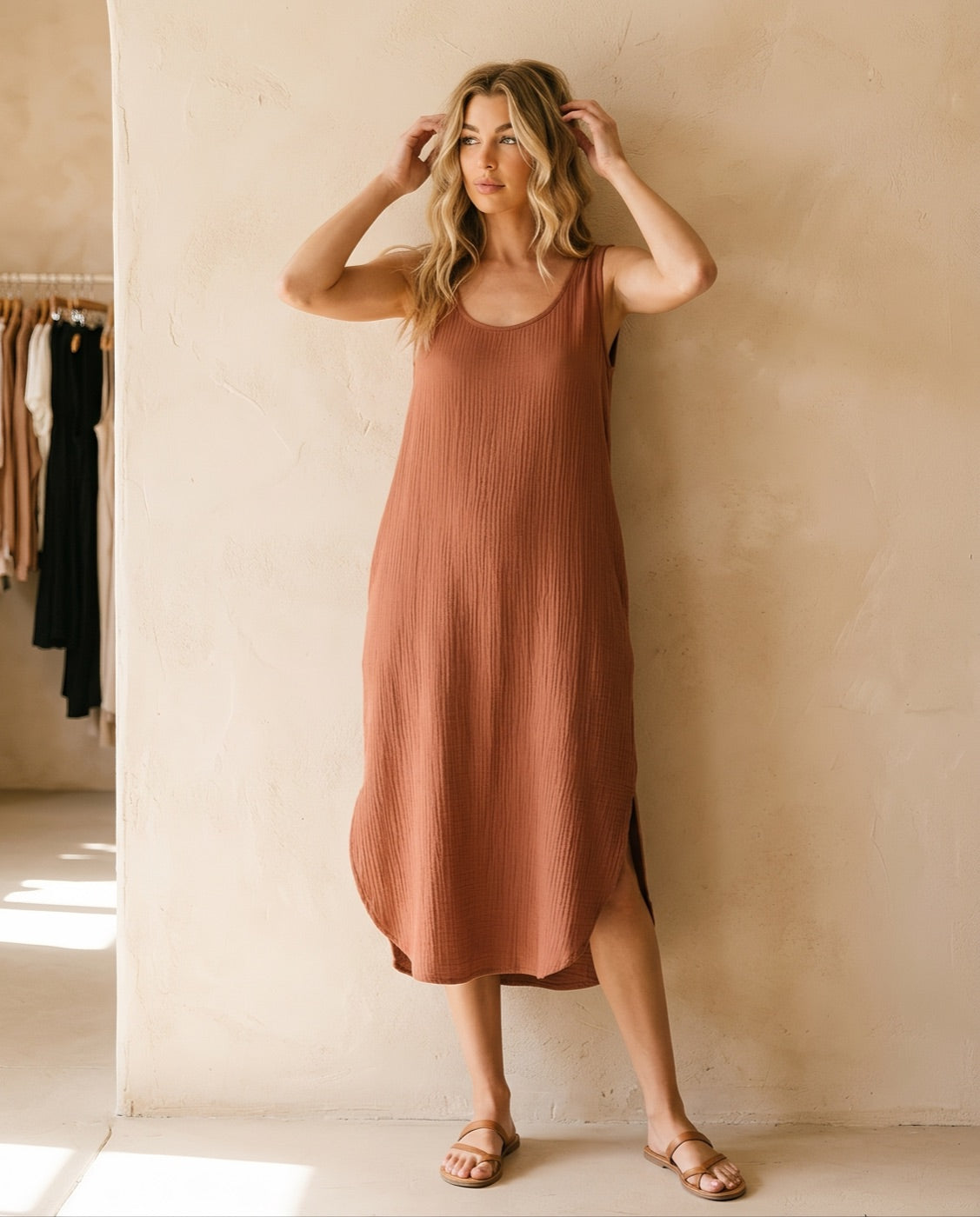 Round Neck Midi Tank Dress in Terracotta