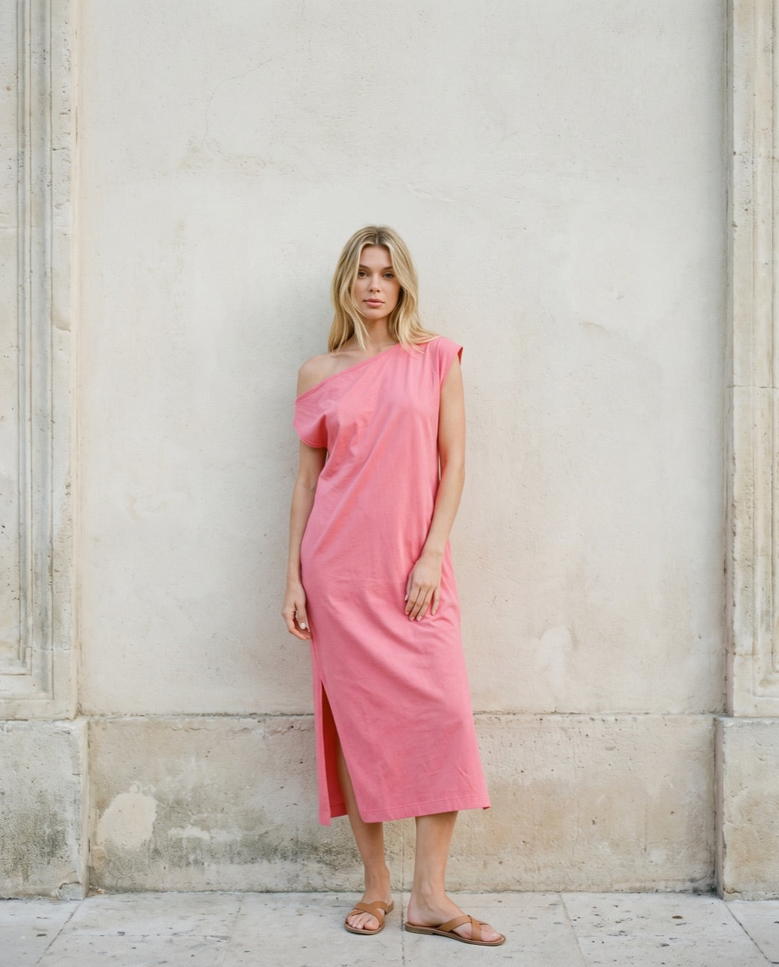 Side Slit Round Neck Midi Dress in Coral