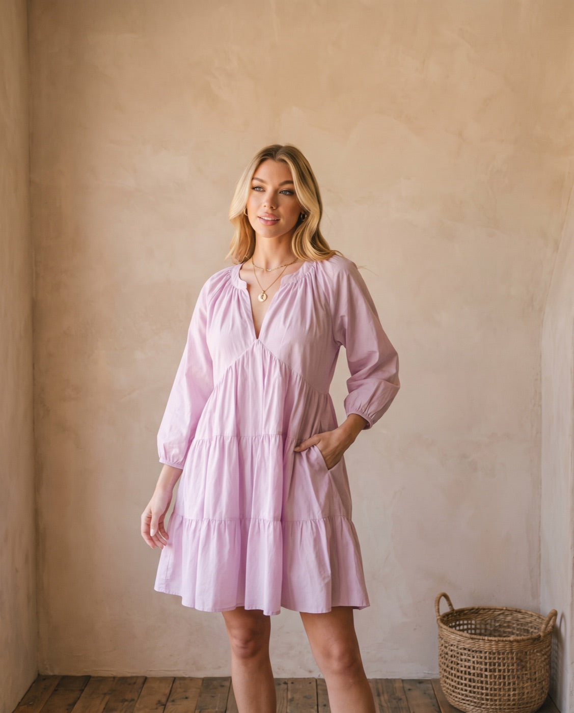 Notched Balloon Sleeve Tiered Mini Dress in Lilac