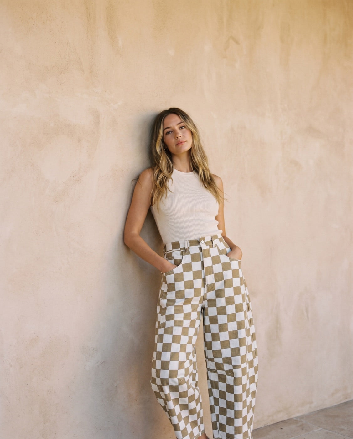 Checkered Denim Barrel Pants in Khaki