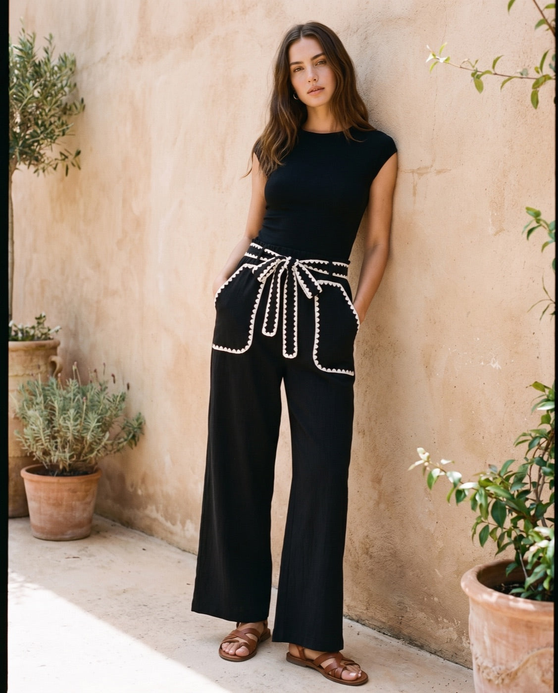 Crochet Trim Wide Leg Pants in Black