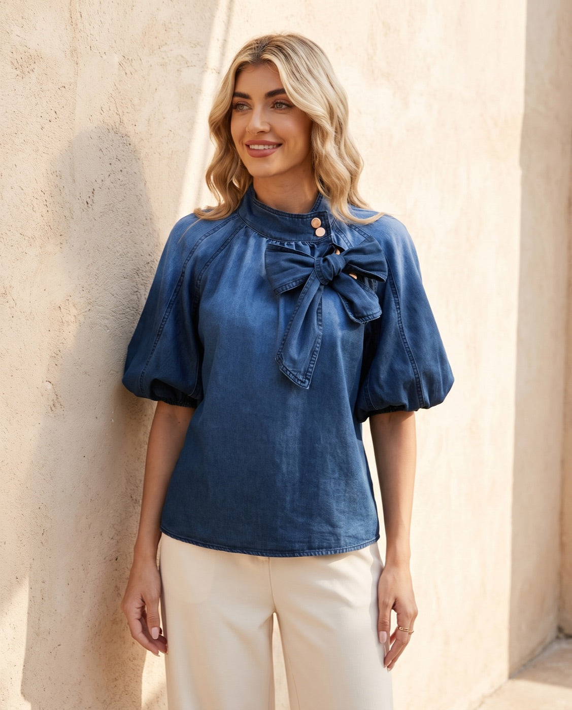 Bow Tie Puff Sleeve Denim Top