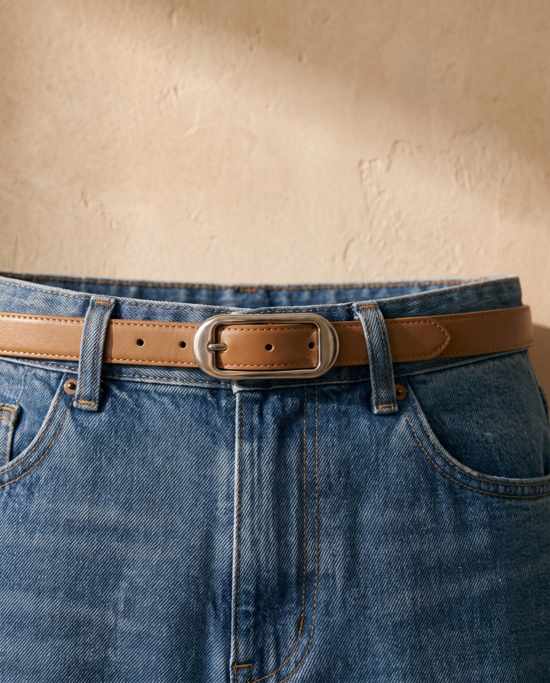 Leather Skinny Belt with Buckle — Coffee Trio