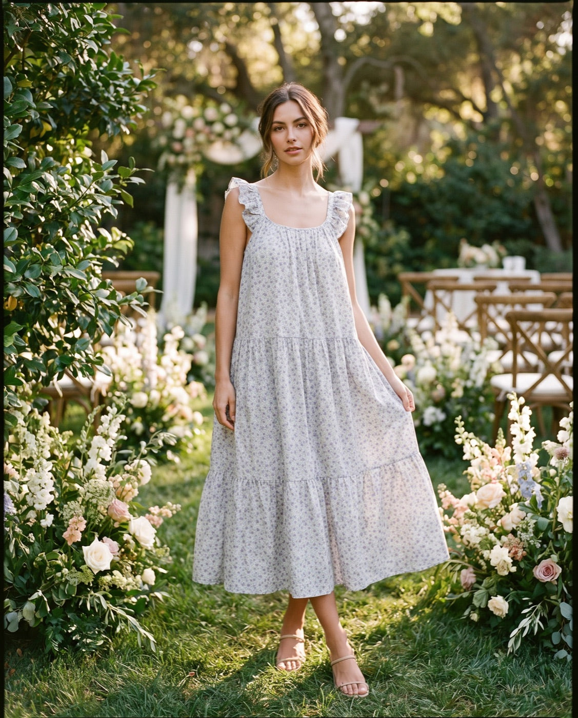 Floral Ruffle Shoulder Tiered Midi Dress in Blue