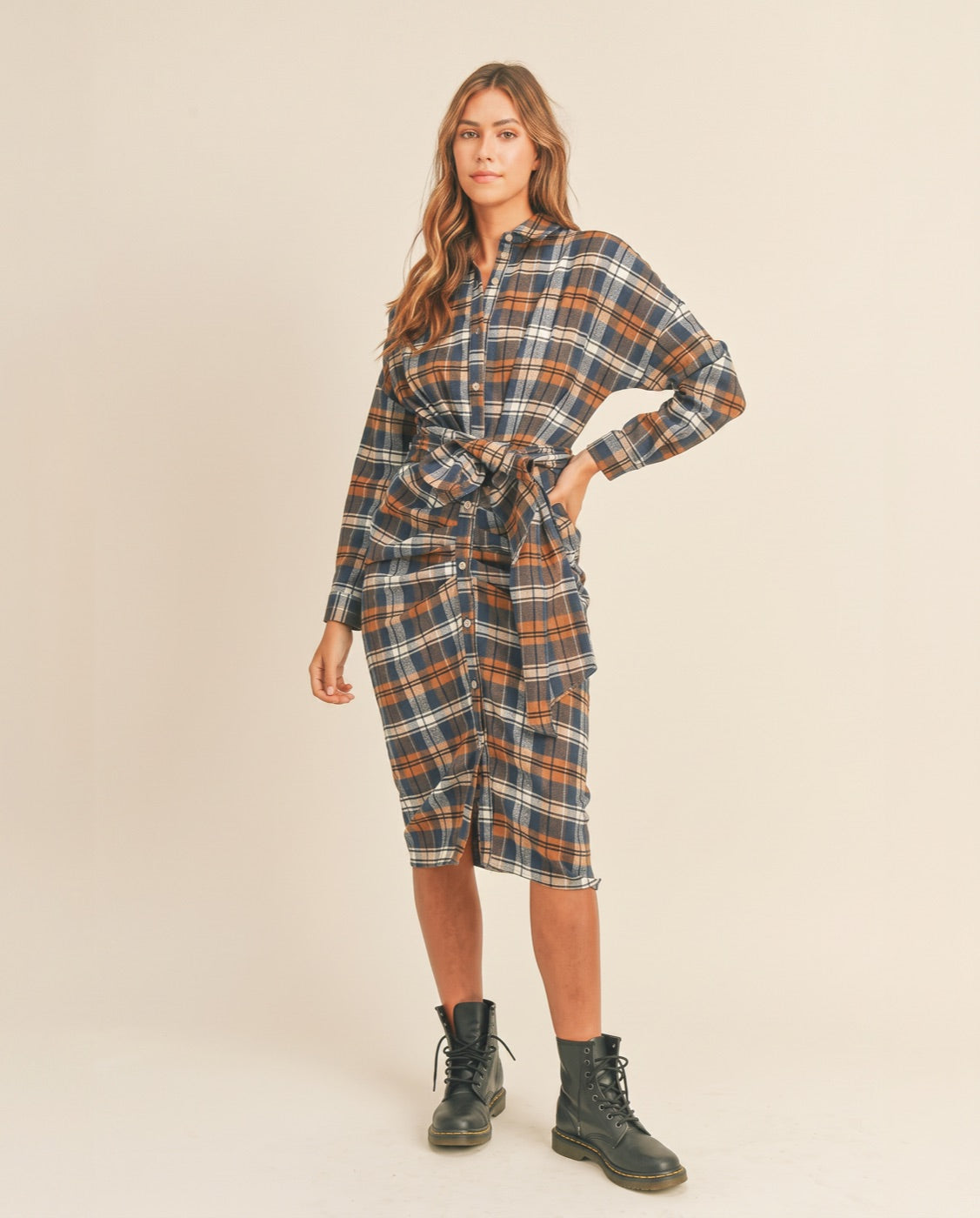 Plaid Flannel Tie-Front Shirt Dress in Camel