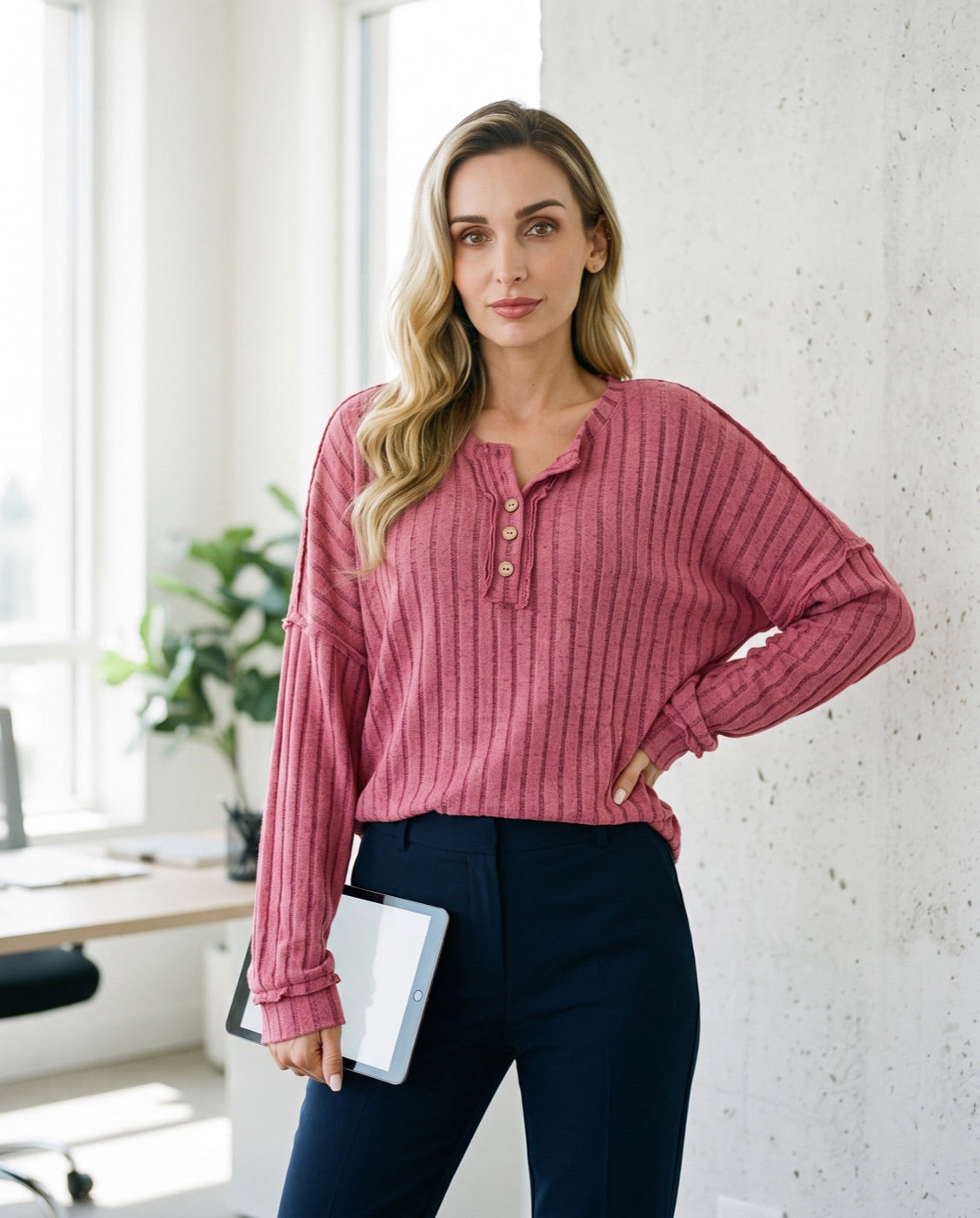 Ribbed Half Button Long Sleeve Tee